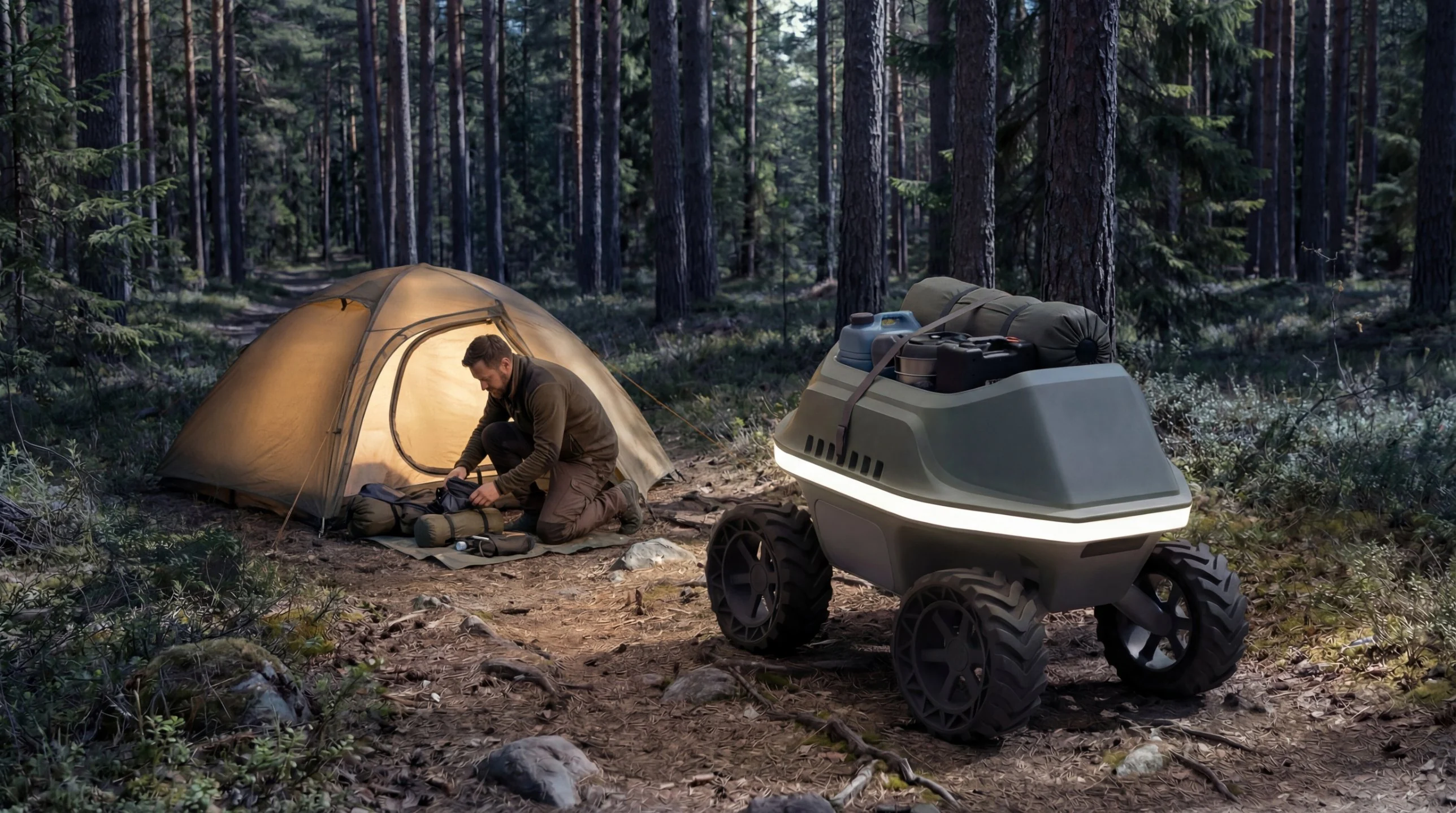 Summit, an olive and white follow-me vehicle, parked beside a tent at a forest campsite