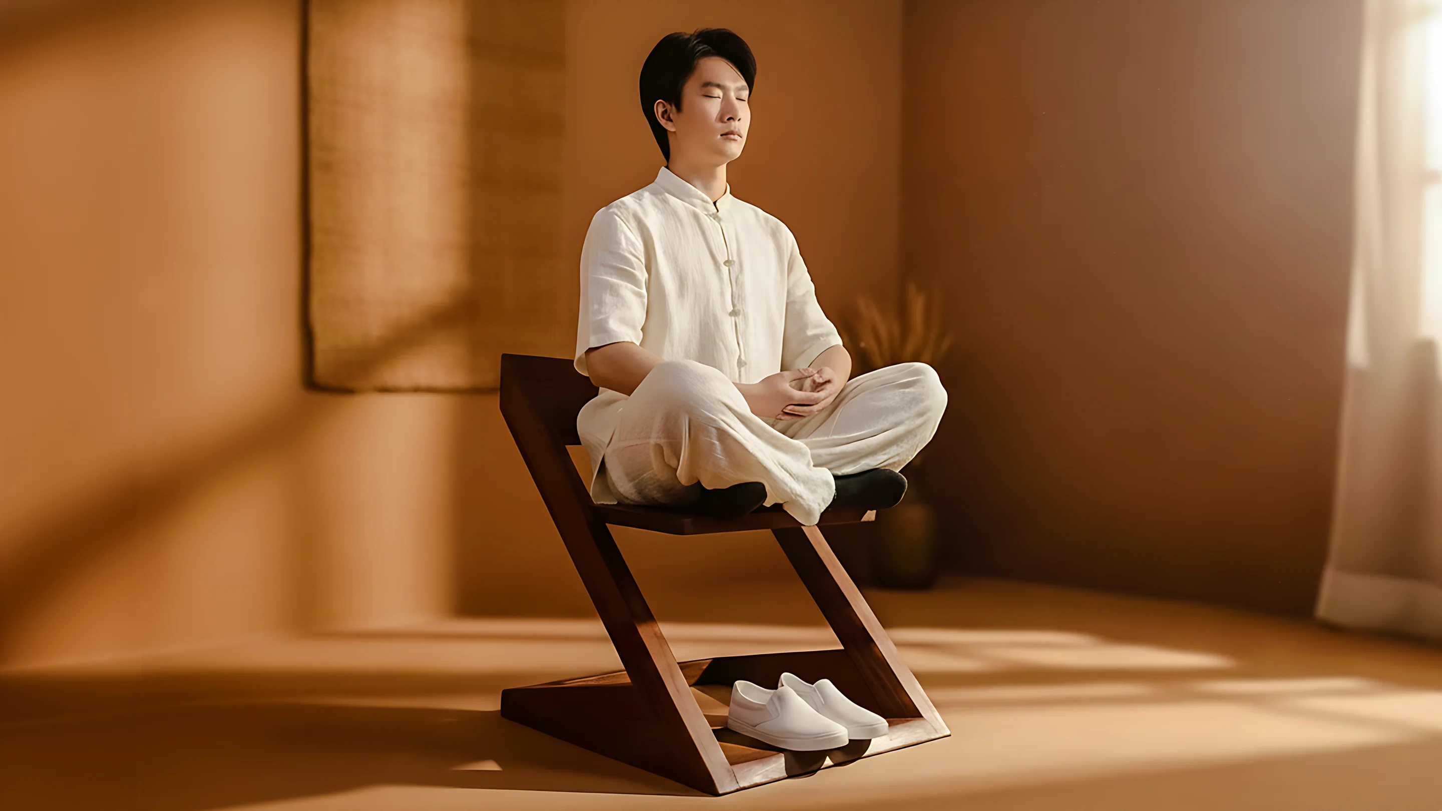 A person sitting cross-legged on the Zen Chair, a Z-profile chair in sapele, in warm light